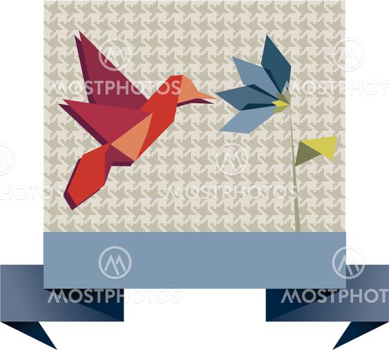Single Origami hummingbird over textile pattern
