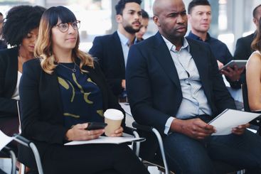 Event, audience and seminar with business people at...