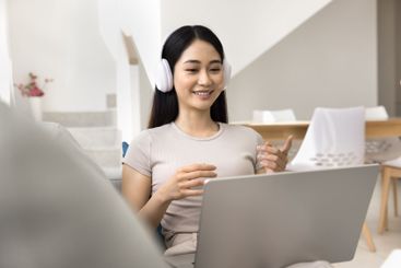 Asian woman lead talk using laptop and videocall...