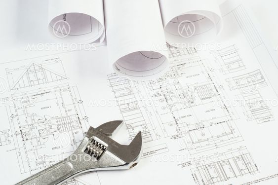 wrench and drawings, construction still life