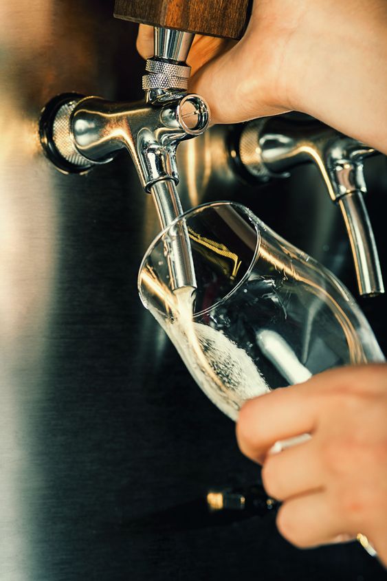 Hand of bartender pouring a large lager beer in tap.