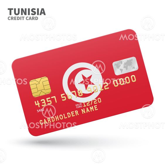 Credit card with Tunisia flag background for bank, presentations and business. Isolated on white