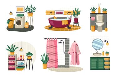 Bathroom and toilet cartoon interiors. Modern home...