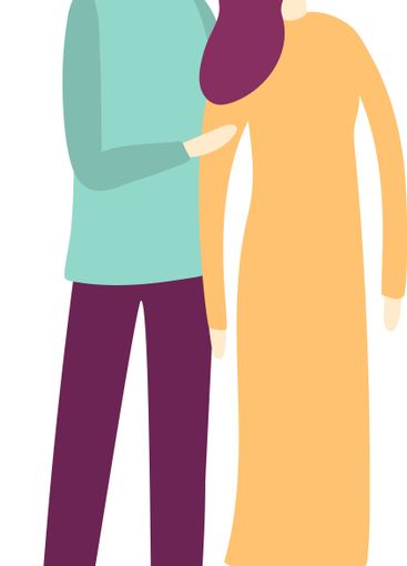 Happy couple standing close together, young man wrapping...