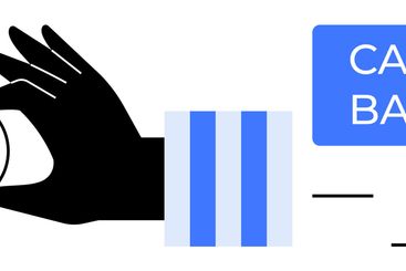 Black Hand Holding Coin, Blue and White Sleeve, Text...