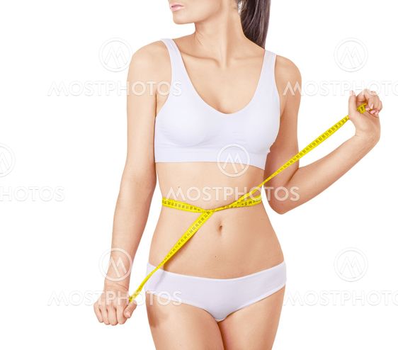 Slim woman in white underwear and measure around her body on isolated background.