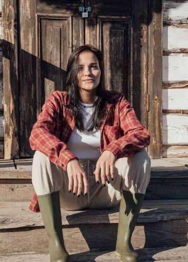 Beautiful Fashionable Slim Brunette Woman In Rural Area