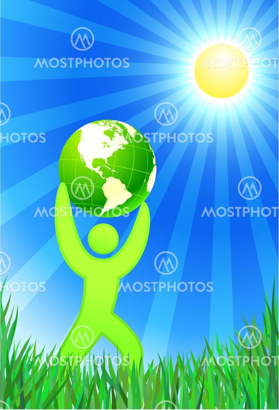 Man with Green Globe on summer background