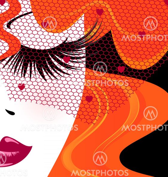 face of red-haired girl with red veil