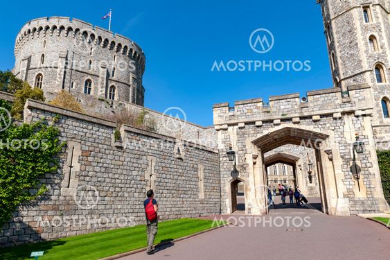 Windsor, UK - April 2018: The Round Tower in the Middle Ward of Windsor Castle, a royal residence at Windsor in county of Berkshire, England, UK
