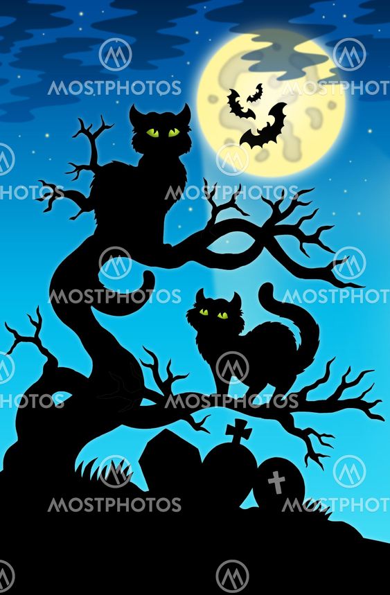 Two cats silhouette with full moon