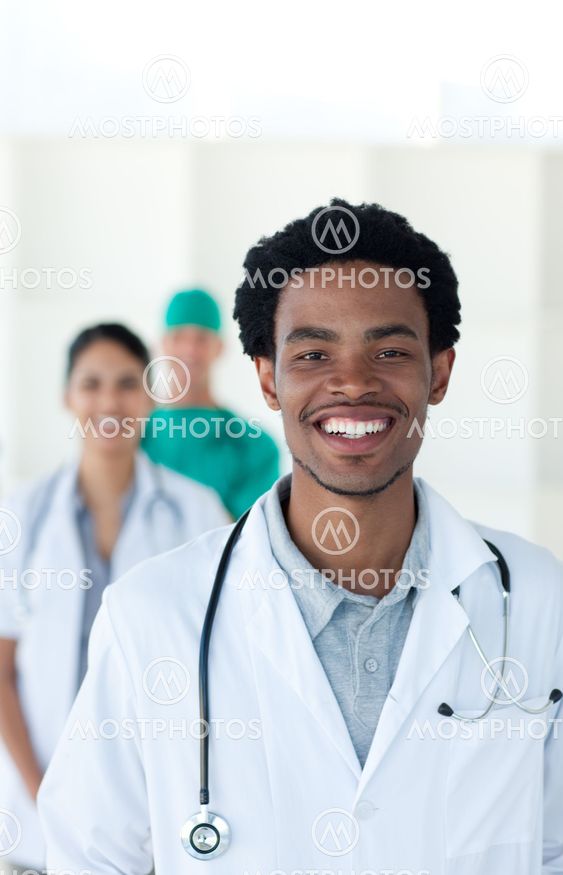Afro-american doctor smiling at the camera