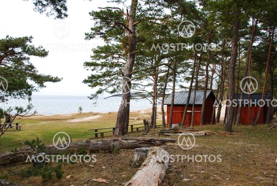 Coast view with fishermens old cabins.