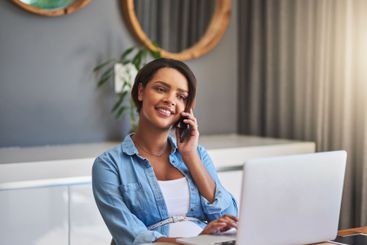 Woman, phone call and laptop to work from home, part...