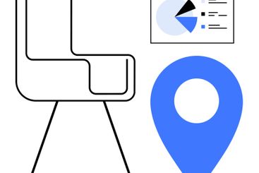 Office chair, pie chart with data insights, and blue...