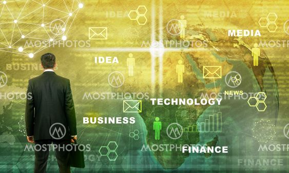 Businessman in front of holographic screen