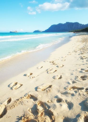 Footprints, sand and beach coast for tourism, holiday...