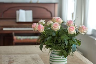 Bouquet, roses and vase for decoration at home as...
