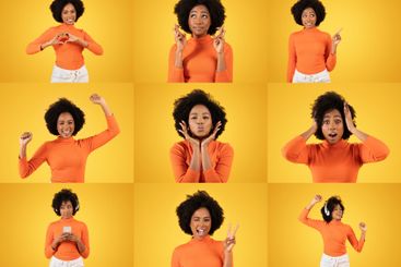 Smiling individuals express joy and diversity in...