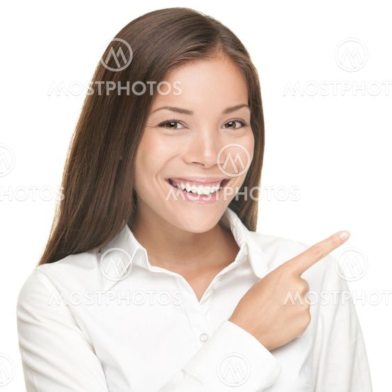 Woman pointing portrait isolated