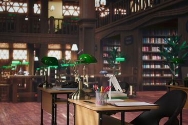 Traditional library with grand interiors featuring...