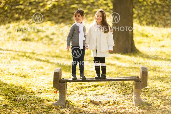 Two little girls at the autumn park