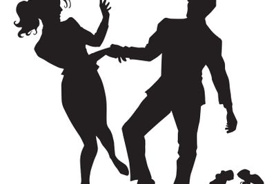 Businessman and businesswoman dancing black silhouette...