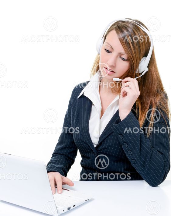 Smiling cute woman on line in help desk
