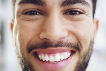 Closeup, man and portrait with smile for dental care,...