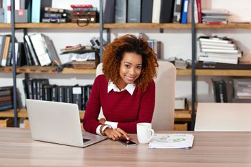 Office, laptop and portrait of business woman for...