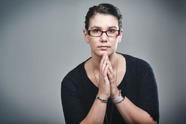 Portrait, hands together and woman in studio, business...