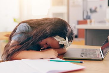 Little girl, writing and sleeping by laptop in burnout...