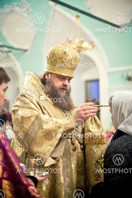 MOSCOW - MARCH 13: Orthodox liturgy with bishop Mercury in High Monastery of St Peter in Moscow on March 13, 2010 in Moscow
