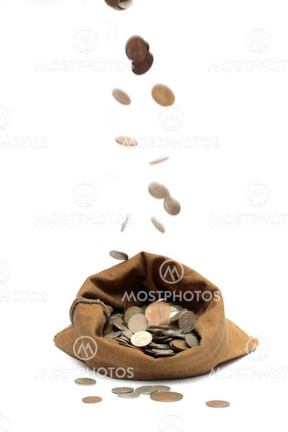 flying coins, falling in bag