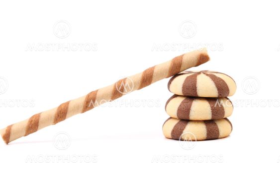 Striped chocolate wafer rolls and stake biscuits.
