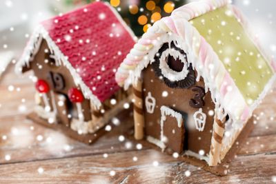 closeup of beautiful gingerbread houses at home