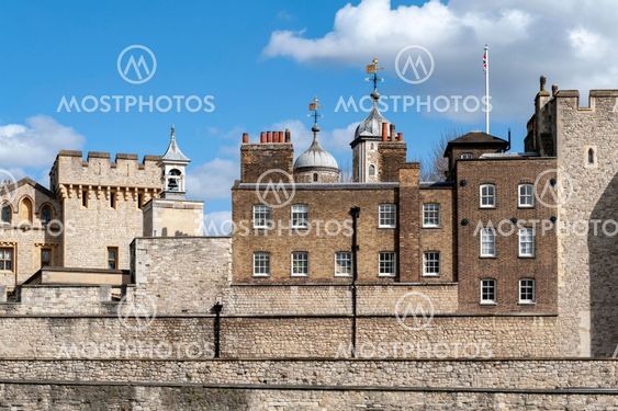 London, UK - April 2018: Exterior view of Her Majesty's Royal Palace and Fortress of the Tower of London, a historic castle and popular tourist attraction located on the north bank of the River Thames in central London, England