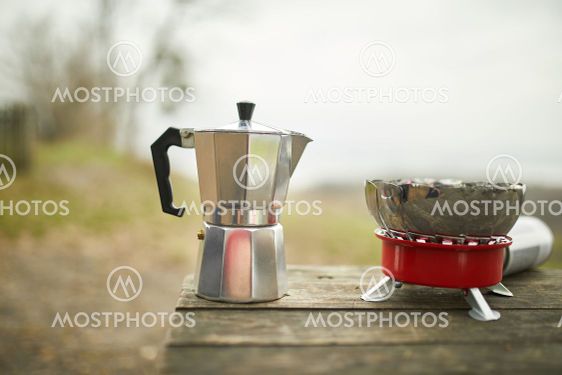 Process of making camping coffee outdoor with metal...