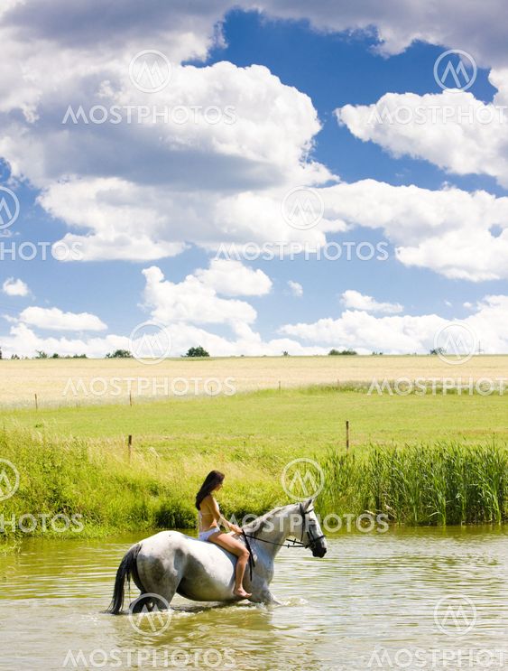 equestrian on horseback riding through water