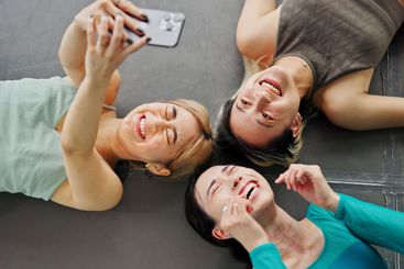 Selfie, friends and happy for fitness, joy and picture...