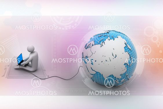3d man sit near the globe with laptop