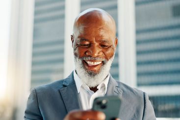 Business, smartphone and black man in city, scroll and...