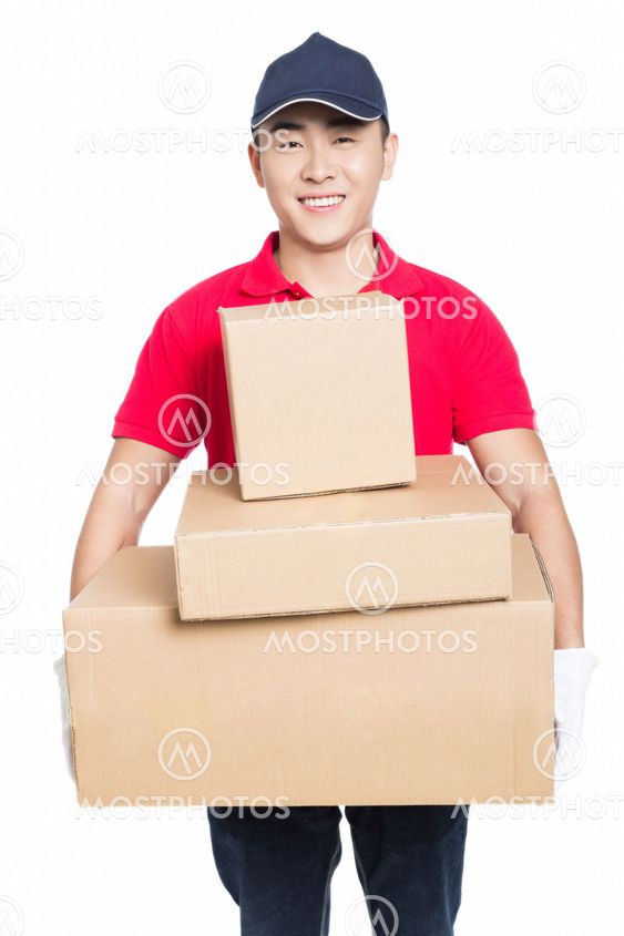 delivery man carrying cardboard box