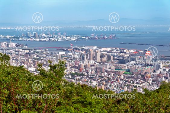Aerial view of Kobe city and Port Island of Kobe from Mount Rokko, skyline and cityscape of Kobe, Hyogo Prefecture, Japan