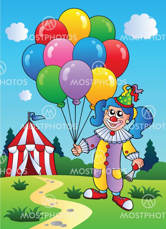 Clown girl with balloons near tent