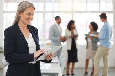Office, businesswoman and ceo with tablet for meeting,...