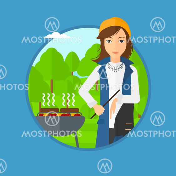 Woman cooking meat on barbecue.