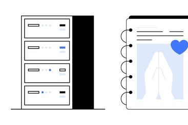 Server stack, notebook with heart shape, and shopping...