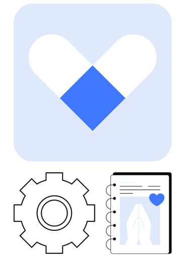 Heart-shaped pill, gear, and notebook with heart symbol,...