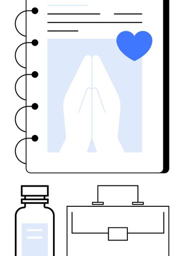 Notebook with praying hands icon, heart symbol, medicine...